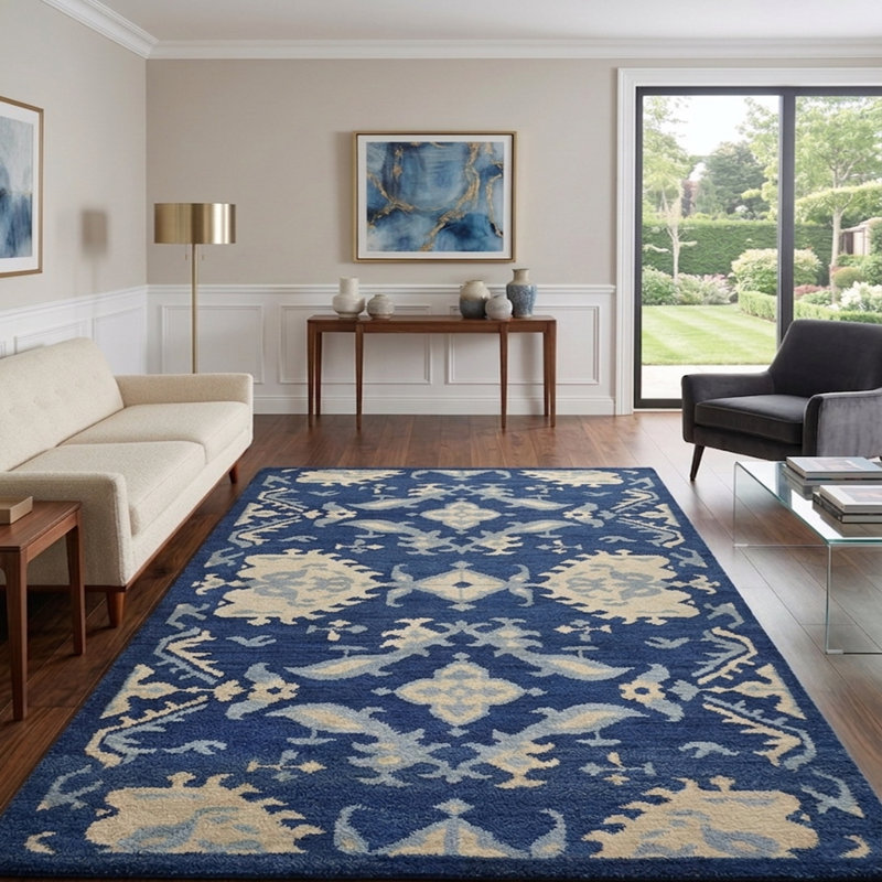 Tapis bleu floral fait à la main 100% laine bleu, Rectangle 6 pi x 9 pi