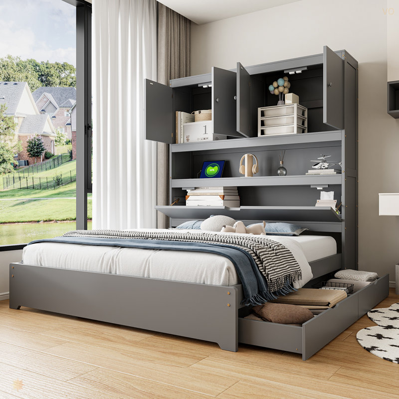 Lit plateforme double en bois avec USB, tête de lit et tiroirs de rangement, Gris