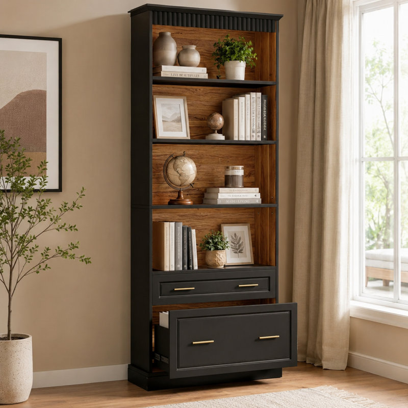 Bibliothèque moderne noire avec plusieurs tablettes et deux tiroirs; Fabriqué en matériau résistant à l'eau et aux égratignures avec un ensemble anti-basculement inclus - idéal pour le rangement et la présentation dans le salon ou le bureau.