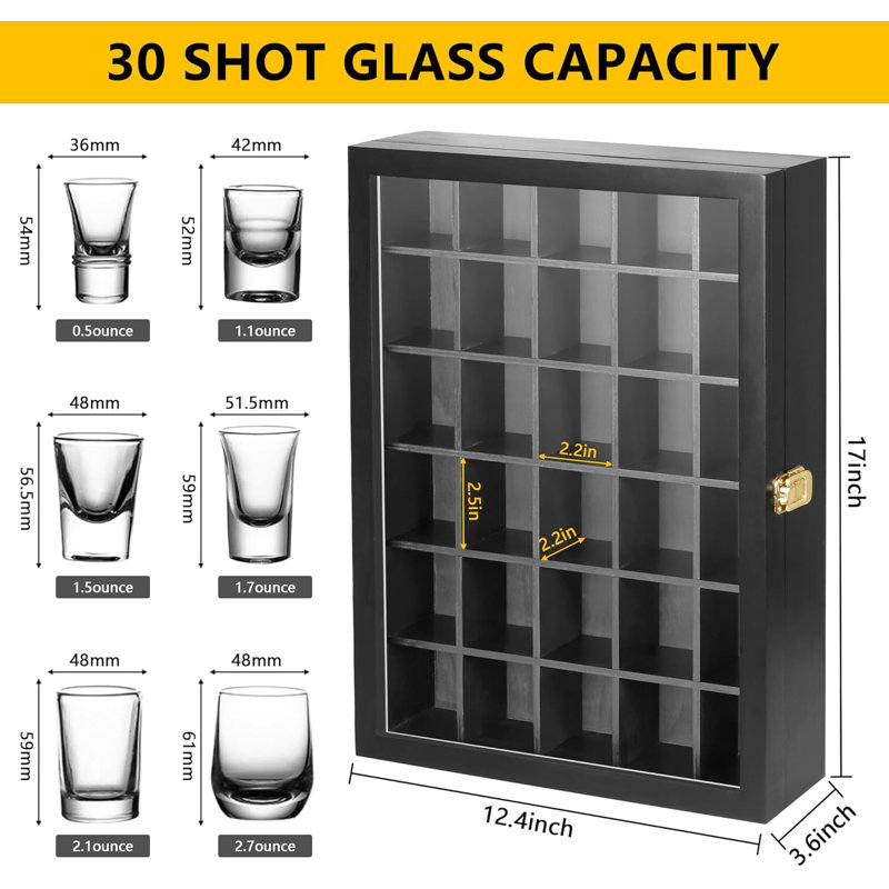 Shot Glass Display Case Wall Mounted, 30 Shot Glass Holder With Door And Removable Shelve, Shot Glass Storage For Home And Bar Decor