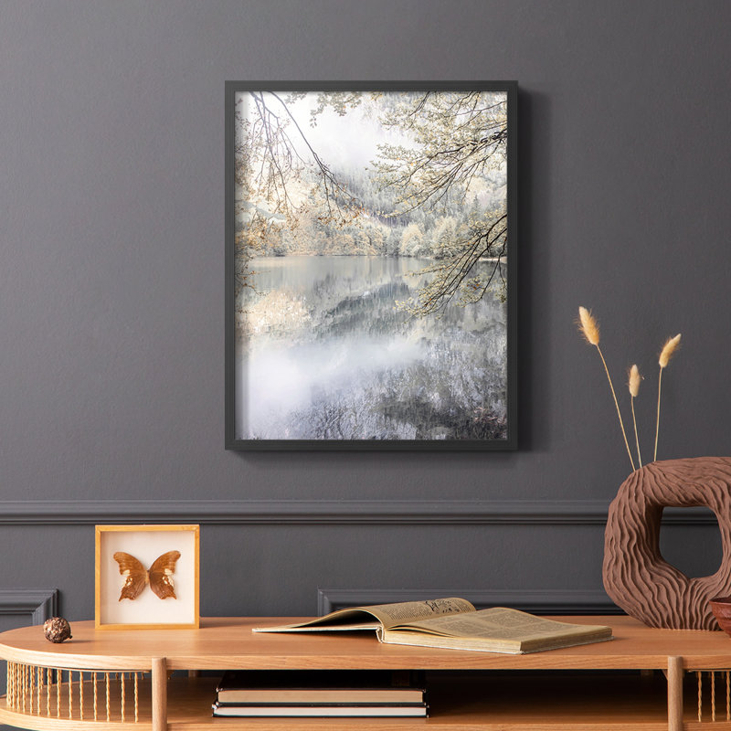 Misty Lake Framed Print - Solid Wood, 14" H x 11" W, Black