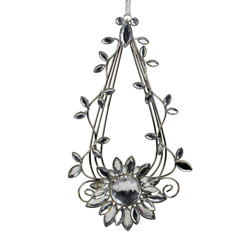 Ornement de Noël en forme de goutte de fleur en argent 7 po