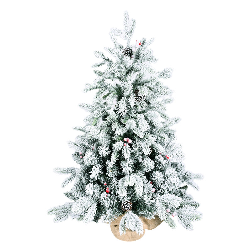 Mini arbre de Noël de table floqué de 3 pi avec aspect d'hiver réaliste, 355 pointes, pin et baies rouges pour bureau