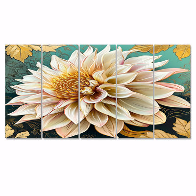 Blooming White Dahlia Flower Gold Retro Leaves - Dahlia Wall Art 5 Piece