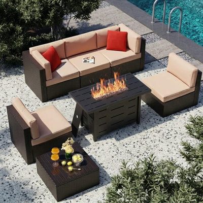 7-Piece Outdoor Rattan Patio Set with Fire Pit Table