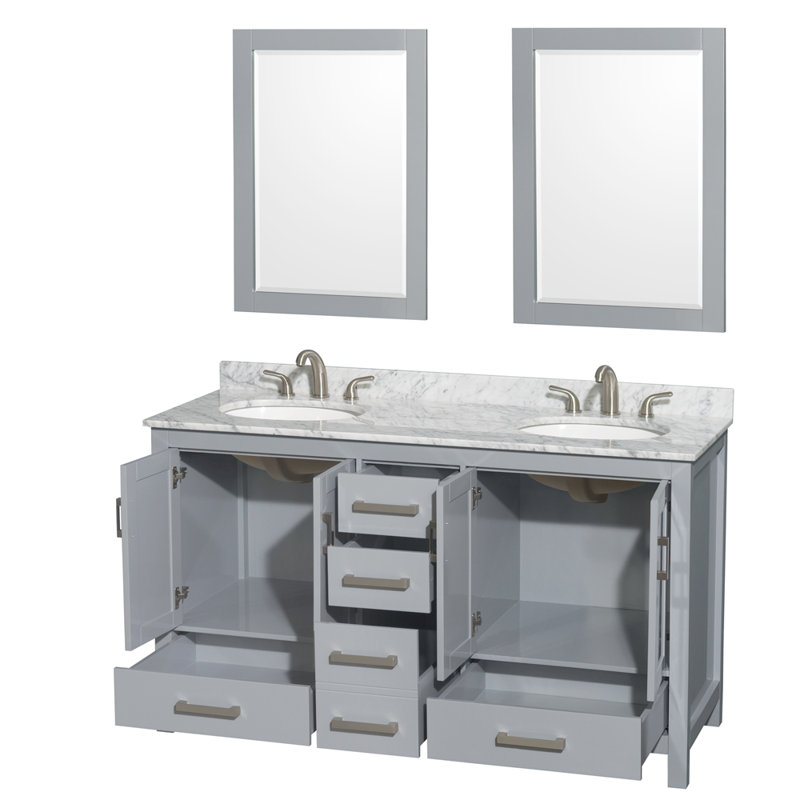 Sheffield 72" Double Bathroom Vanity Set with Mirror, Gray, 60" W, White Carrara Marble