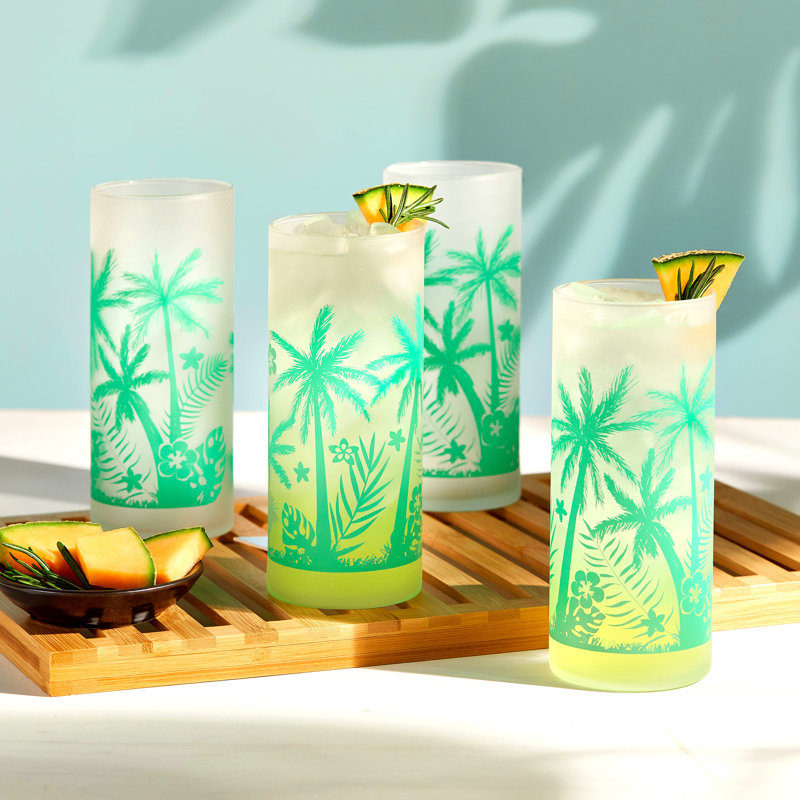 Vintage Green Palm Tree Print Frosted Glass Cooler Set