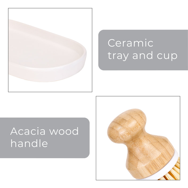 White Ceramic Soap Pump and Brush Set with Tray