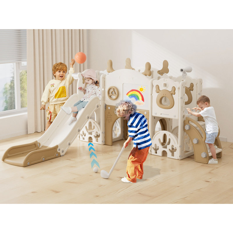 13 In 1 Kids Slide For Toddlers, Toddler Playset With Golf, Drawing Board, Basketball Hoop And Storage Space, Brown