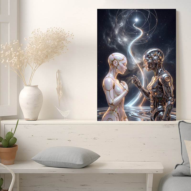 «Futuristic Silver Robot and White Android in Starry Space», art mural sur toile, H 24 po x l 16 po