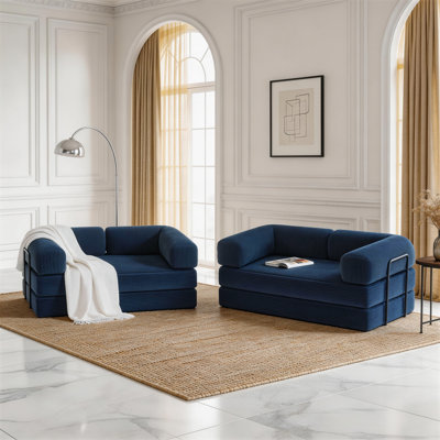Upholstered Compression Blue Corduroy Convertible Sleeper Sofa Bed - Foldable Floor Couch With No Assembly (Set of 2)