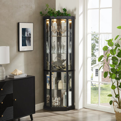 Lighted Corner Curio Cabinet - Elegant Glass Display Case For Living Room & Bar Storage - Perfect For Antique Collections & Wine - Includes Built-In Lighting - BLACK