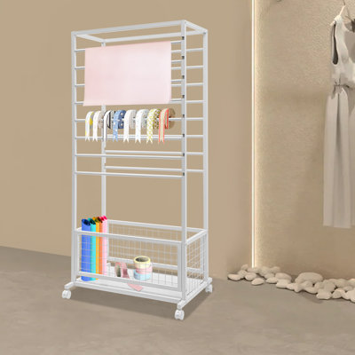 16 Rods Freestanding Ribbon Storage Shelf Display Rack With 4 Wheels White