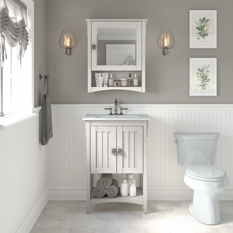 Keyunta 24.2'' Single Bathroom Vanity with Ceramic Top, White Oak