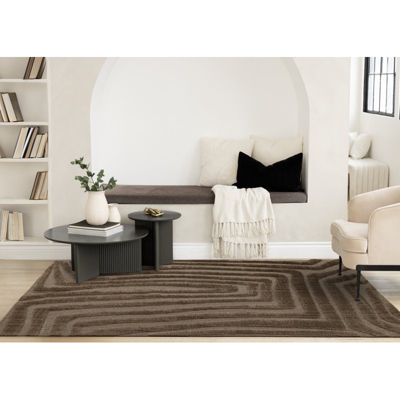 Tapis d'intérieur moderne rayé brun, 6 pi 7 po x 9 pi 6 po