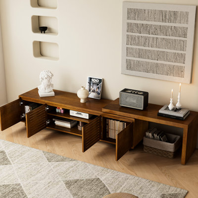 Console média 63 po Mid-Century moderne, meuble télé extensible avec rangement, réglable pour téléviseur de 55 à 75 po, support de salon, chambre à panneau extensible