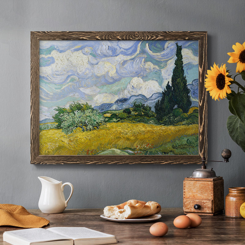 Champ de blé avec cyprès, reproduction sur toile, H 26 po x l 38 po, Noyer