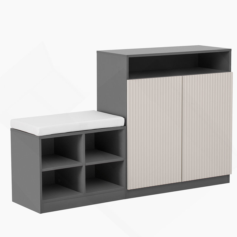 Living Room Cabinet With Shoe Bench, 2 Doors And 3-Tier Adjustable Shelves, Gray