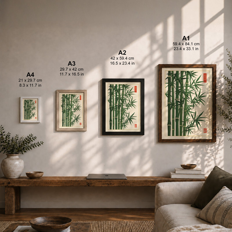 Bamboo in Green Japandi - Framed Print, A4 - 29.7 x 21.0 cm, White