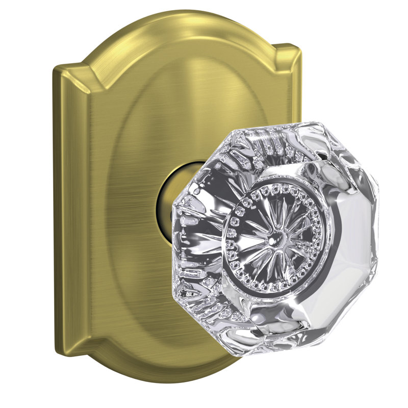 Custom Alexandria Non-Turning Glass Knob with Camelot Trim, Satin Brass