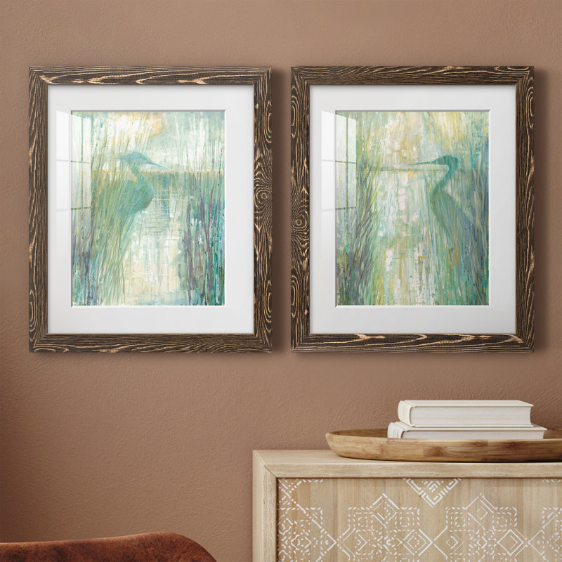 Morning Egret I - ensemble de 2 reproductions d'art, Papier, cadre noyer, H 20 po x l 34 po x P 1,5 po