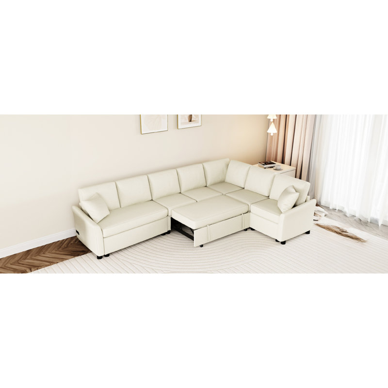 L-Shaped Sectional With Pull Out Sleeper And High Foam, Beige Bed Design Extended Seating, Beige Chenille