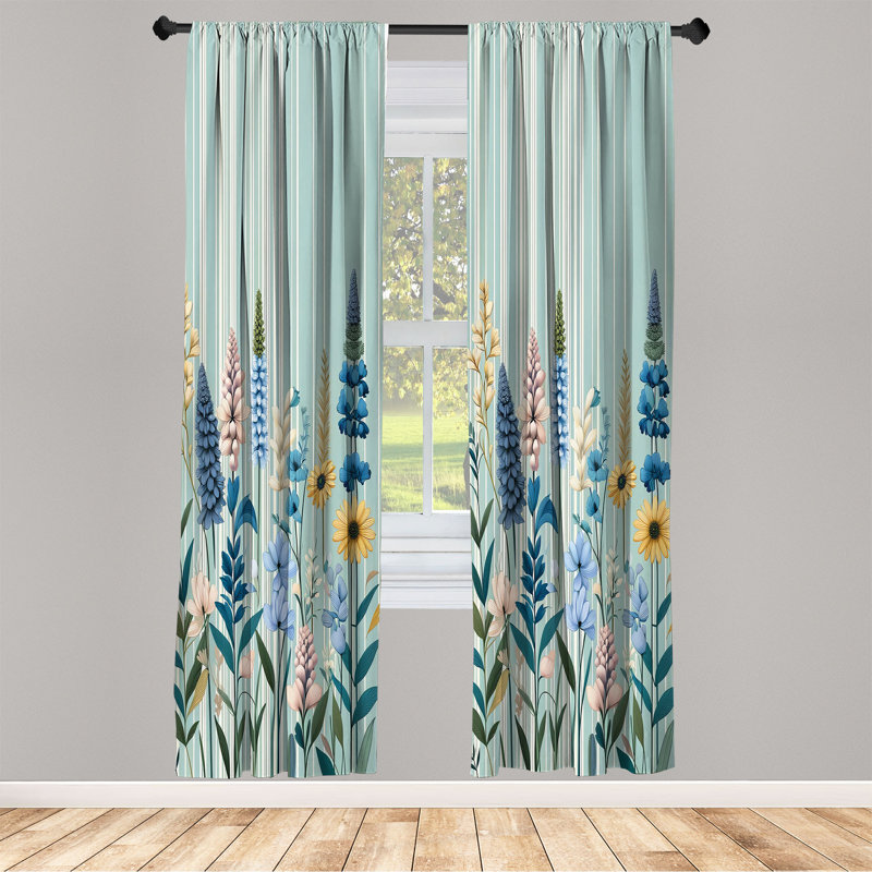 Sea Blue Floral Microfiber Rod Pocket Curtain Set