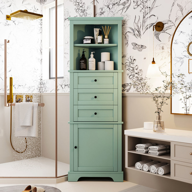 Armoire haute triangulaire avec 3 tiroirs et tablettes réglables, Vert