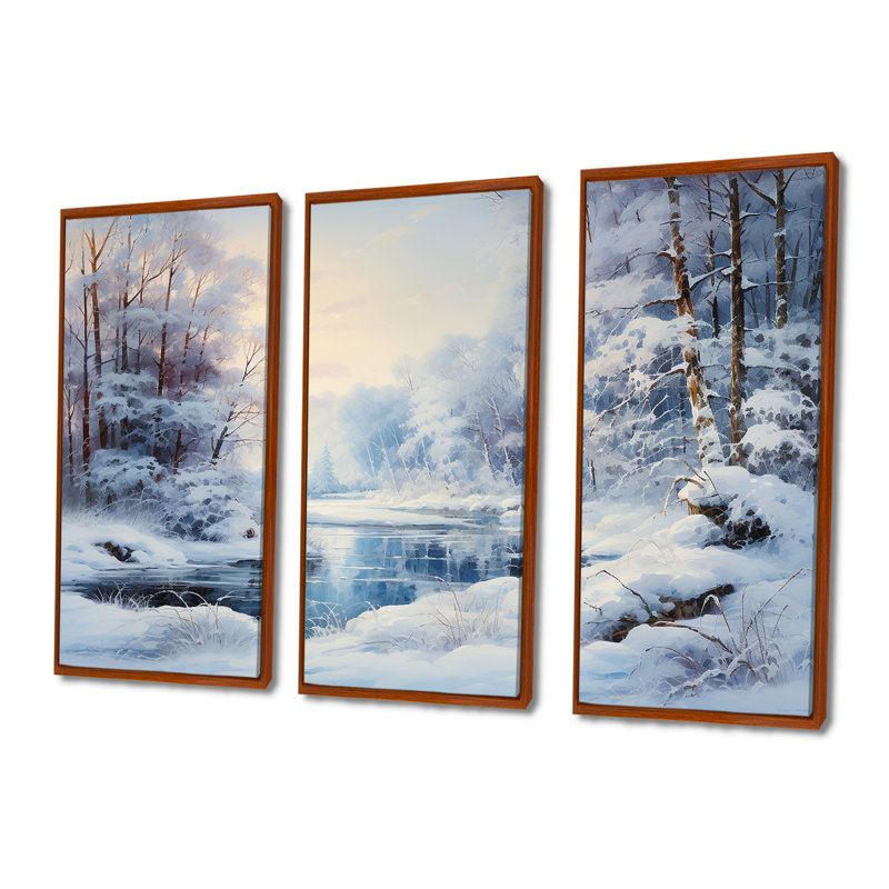 Winter River Window View II - Winter Landscape, art mural, H 28 po x l 36 po x P 1 po, Cadre flottant brun