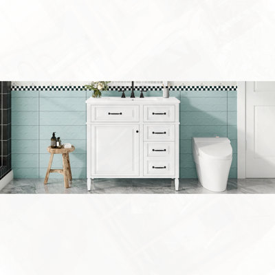 Meuble-lavabo autoportant avec tiroir escamotable en céramique et tablette réglable