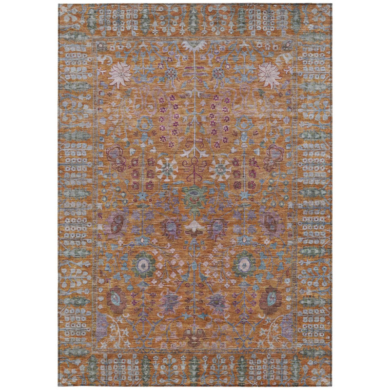Tapis intérieur/extérieur lavable à motifs floraux orange et vert 90 x 150 cm