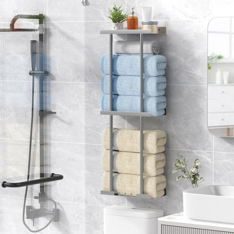 Porte-serviettes mural vertical avec tablette - Organisateur de salle de bain peu encombrant pour serviettes roulées, peut contenir jusqu'à 6 grandes draps de bain, fabrication robuste en acier inoxydable