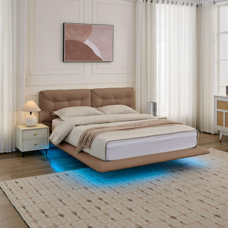 Cadre de lit flottant pour grand lit avec lumières DEL, lit plateforme en cuir d'unité centrale avec tête de lit capitonnée, assemblage facile, pas de sommier tapissier, kaki