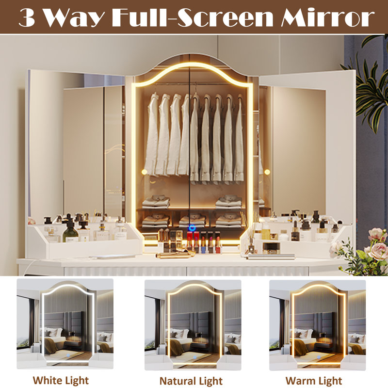 Modern Corner Vanity Set with Lighted Mirror and Outlets, Fluted Makeup Vanity Desk with Large Storage Cabinets, White