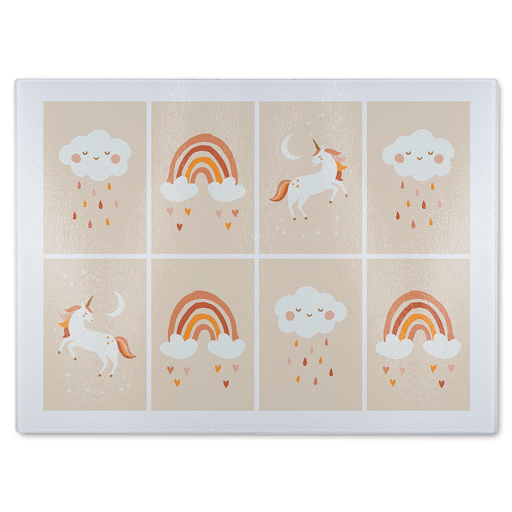 Cute Hand Drawn Unicorn, Rainbow and Cloud Designer Glass Chopping Board