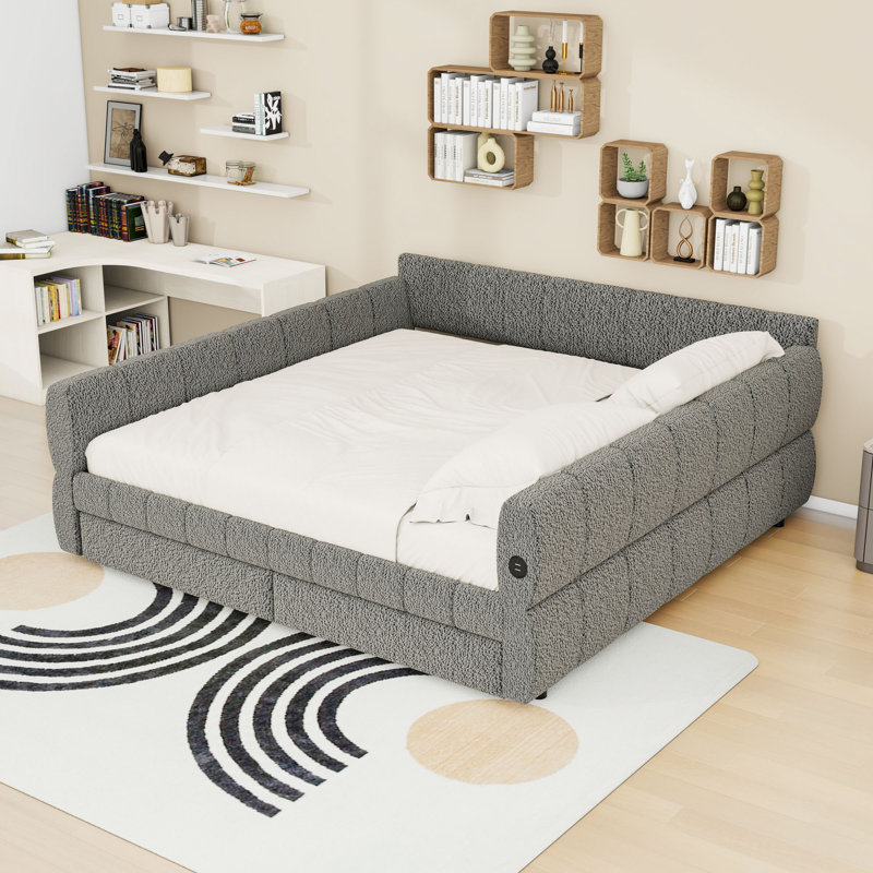 Structure de lit plateforme tapissier avec ports USB et 2 tiroirs de rangement, Gris