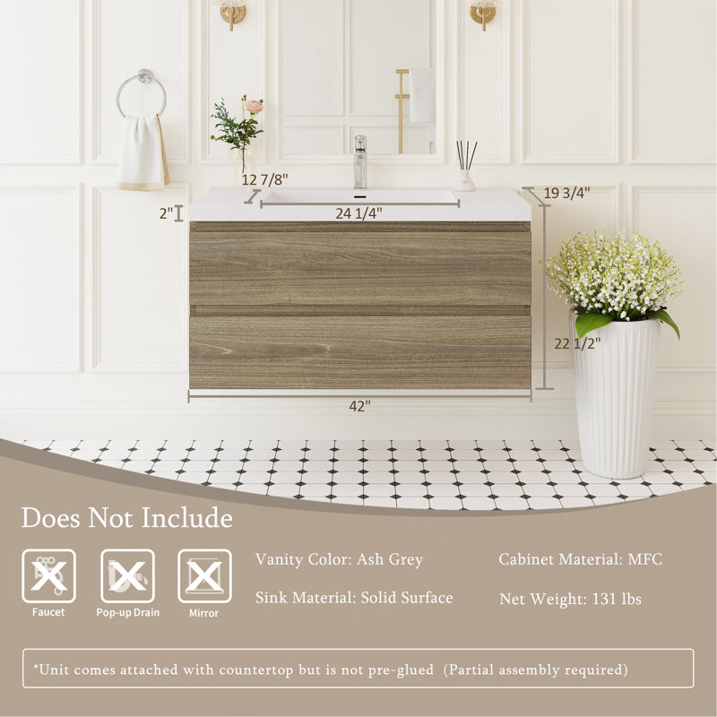 Meuble-lavabo mural 42 po avec lavabo, meuble-lavabo mural moderne avec lavabo à surface solide et tiroirs à fermeture en douceur, gris cendré