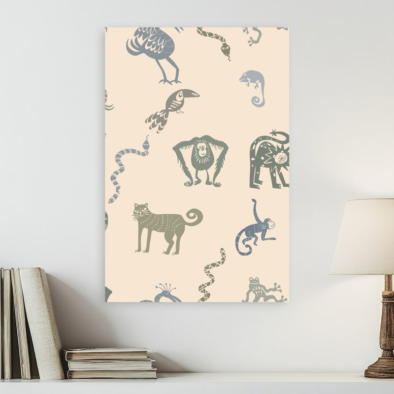 Jungle Animal Pattern Playful Whimsical Contemporary Bird Cat Elephant Forest Nature Wall Art Print, 60.96cm H x 40.64cm W