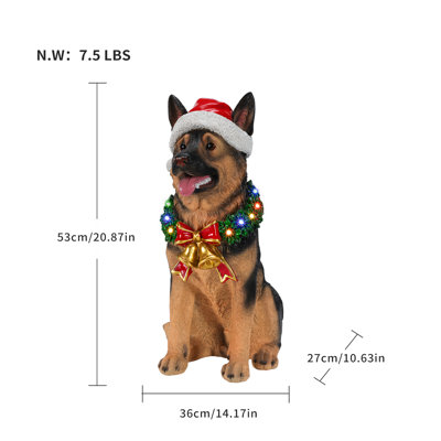 Statue de chien berger allemand 20,87 "avec lumières DEL et chapeau de père Noël, décoration de Noël en résine