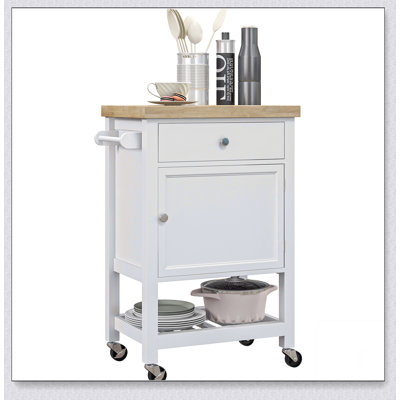 Utility Kitchen Cart, Rolling Island with Rubberwood Top, Narrow Butcher Block Surface, Storage Drawer & Cabinet