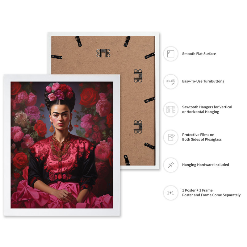 Portrait floral rose Frida, Poster, White Framed, 16"H x 20"W