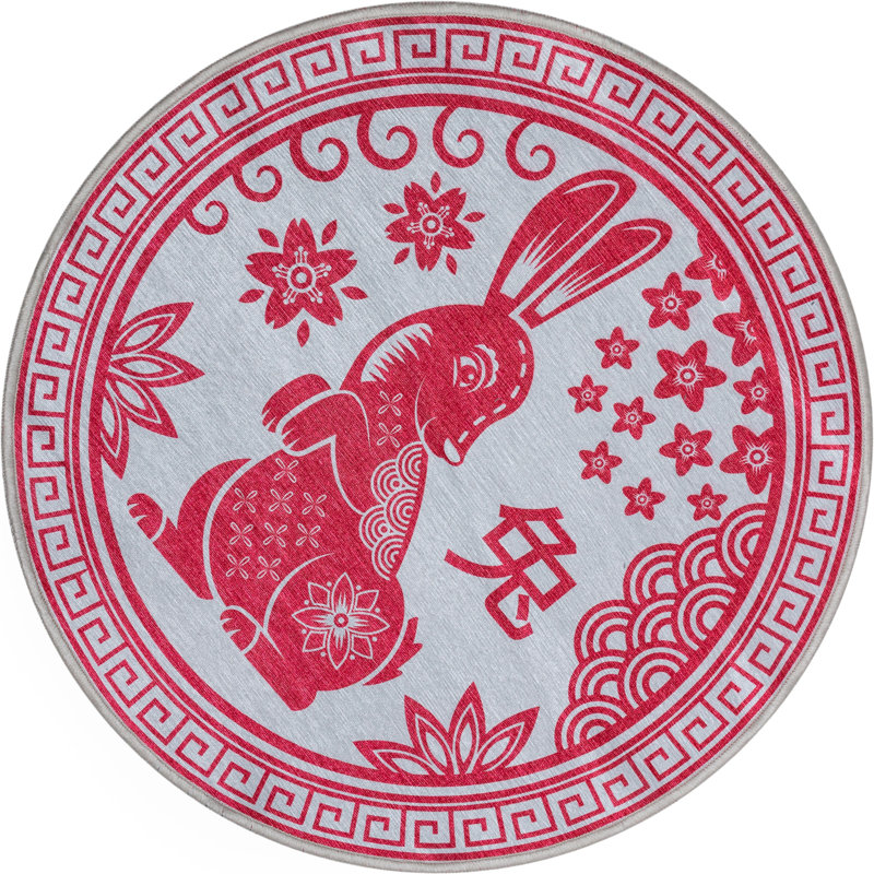 Kehr Chinese Calendar Art Deco Novelty Red Printed Distressed Machine Washable Area Rug, Round 2'7"