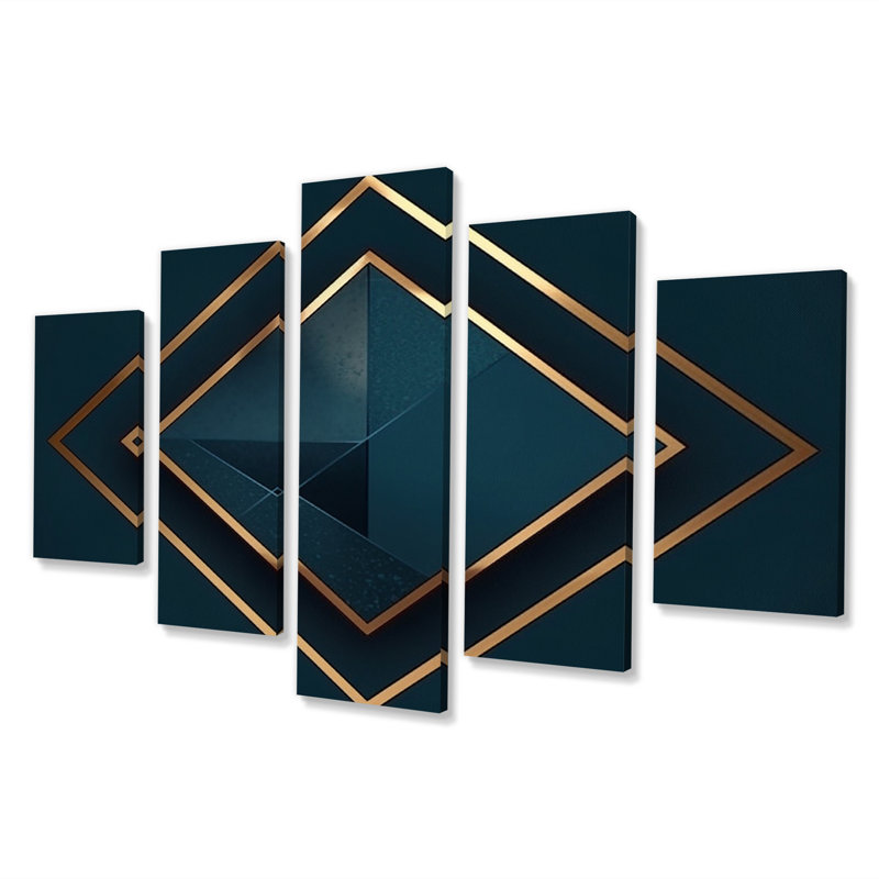 Géométrie rétro en bleu et or - reproduction sur toile géométrique moderne - 5 panneaux