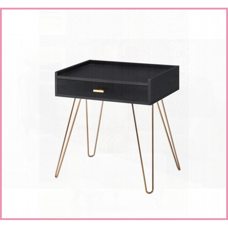 Table basse Mid-Century en bois aggloméré noir mat avec pieds en épingle à cheveux en cuivre - tiroir de rangement et amp; Facile à nettoyer