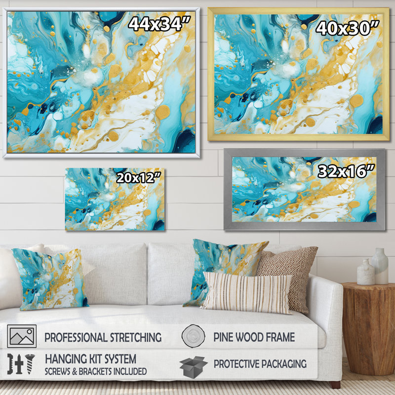 Turquoise luxueux, art fluide abstrait sur toile, Cadre flottant doré, H 34 po x l 44 po x P 1,5 po