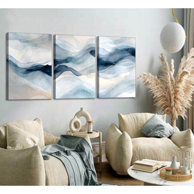 3 Pcs Modern Navy Blue Abstract Canvas Wall Art Minimalist Geometric Smoke Ink Painting Picture Wall Decor Poster Print Artwork For Living Room Bedroom Office Home Decoration