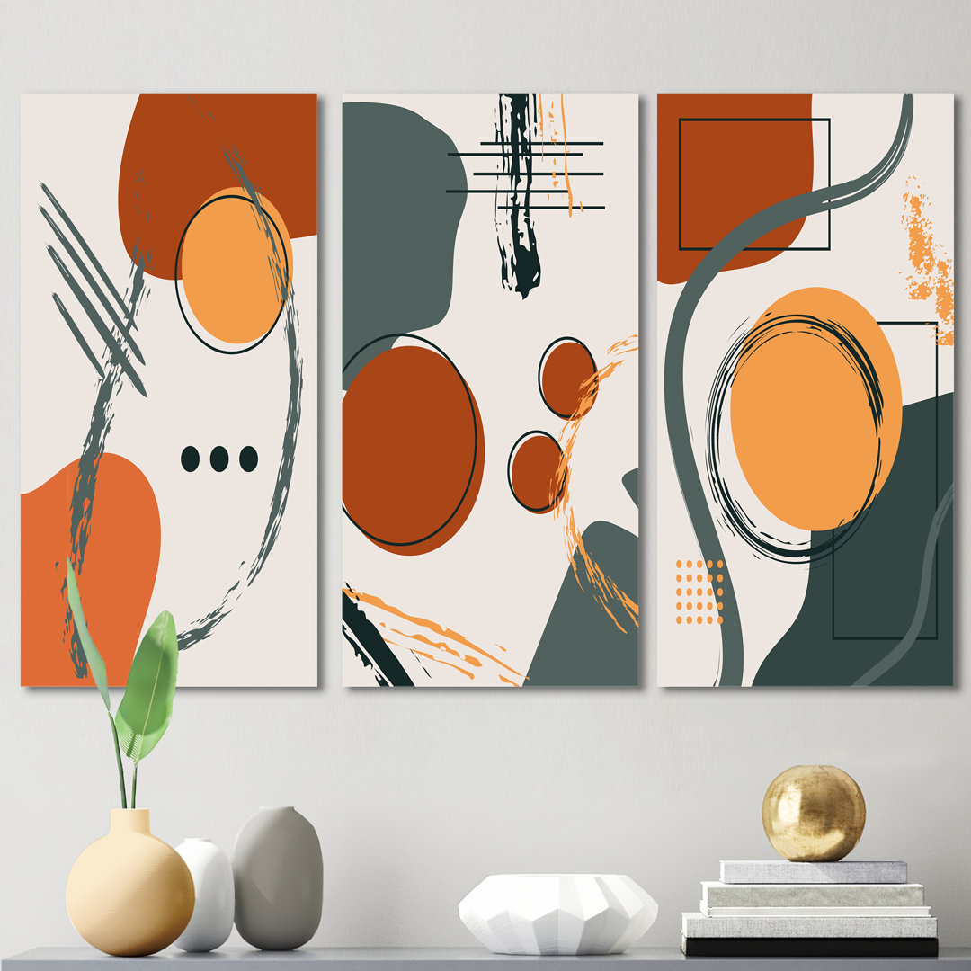 Vintage Geometrical Typography In Vintage Colors I - Mid-Century Modern Art Set Of 3 Pieces Corrigan Studio® 