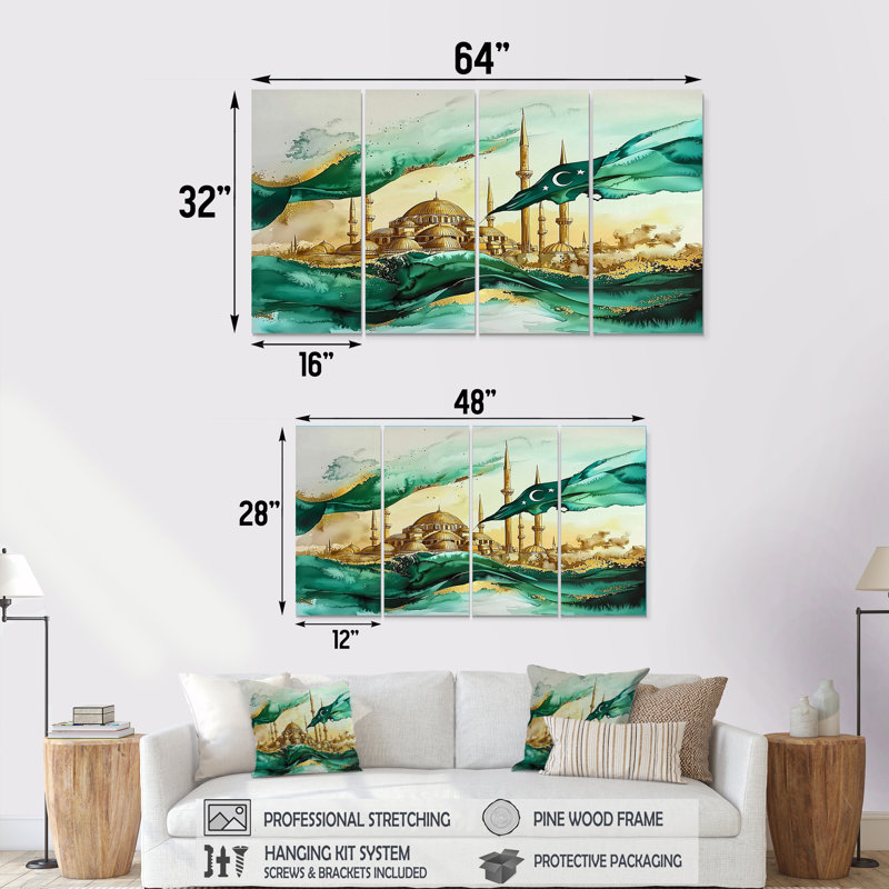 4 pièces Muskan - Turquie - Art mural traditionnel pour le salon, H 28 po x l 48 po