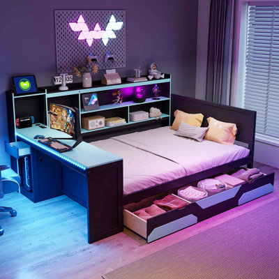 Lit de jour de jeu double avec bureau intégré, lumières DEL, 3 tiroirs de rangement, station de charge, tête de lit multifonctionnelle, noir et bleu