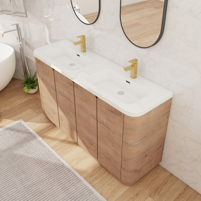 Meuble-lavabo double autoportant de 60 pouces avec deux lavabos en résine, deux armoires de rangement et étagères intérieures.